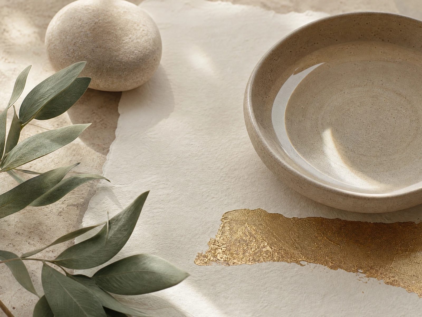 Botanical still life with warm paper and smooth stone